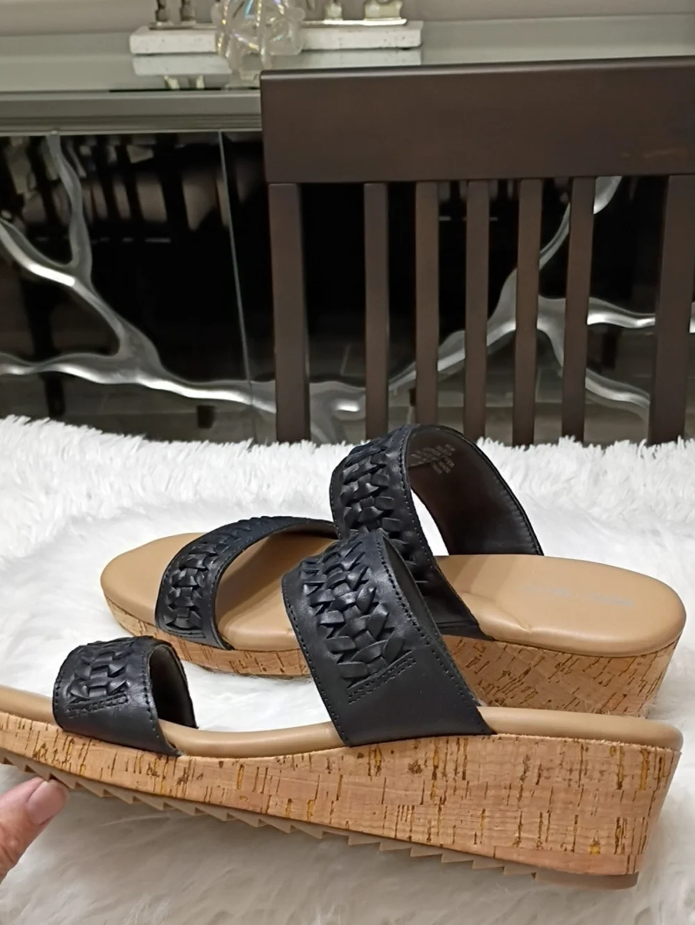 Easy Spirit Lillia Black Braided Faux Leather Double-Strap Cork Wedge Sandal 9.5